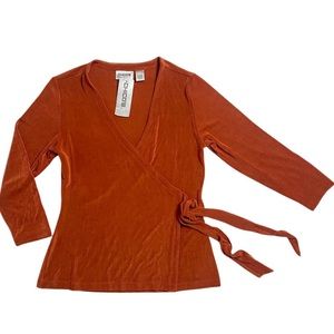 Chicos travelers wrap tie waist top 3/4 sleeve sz 0 deep orange,fits M and L